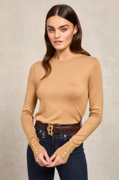 Buttoned Knit Crew Neck (Dark Camel)