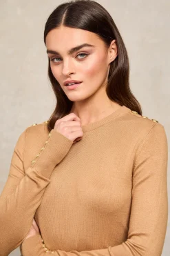 Buttoned Knit Crew Neck (Dark Camel)