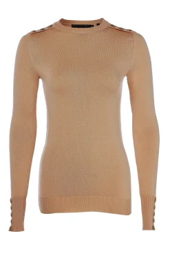 Buttoned Knit Crew Neck (Dark Camel)