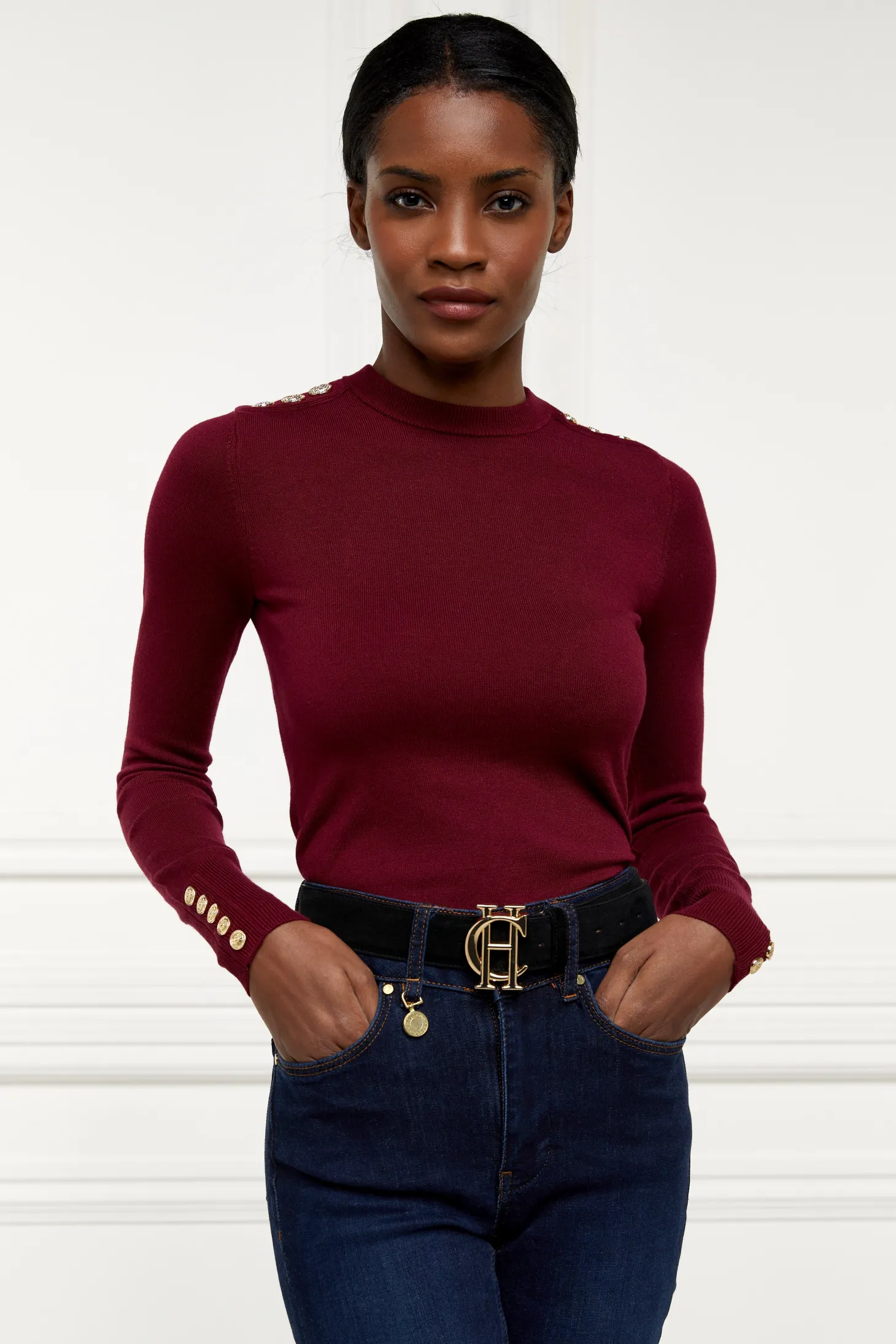 Buttoned Knit Crew Neck (Wine)