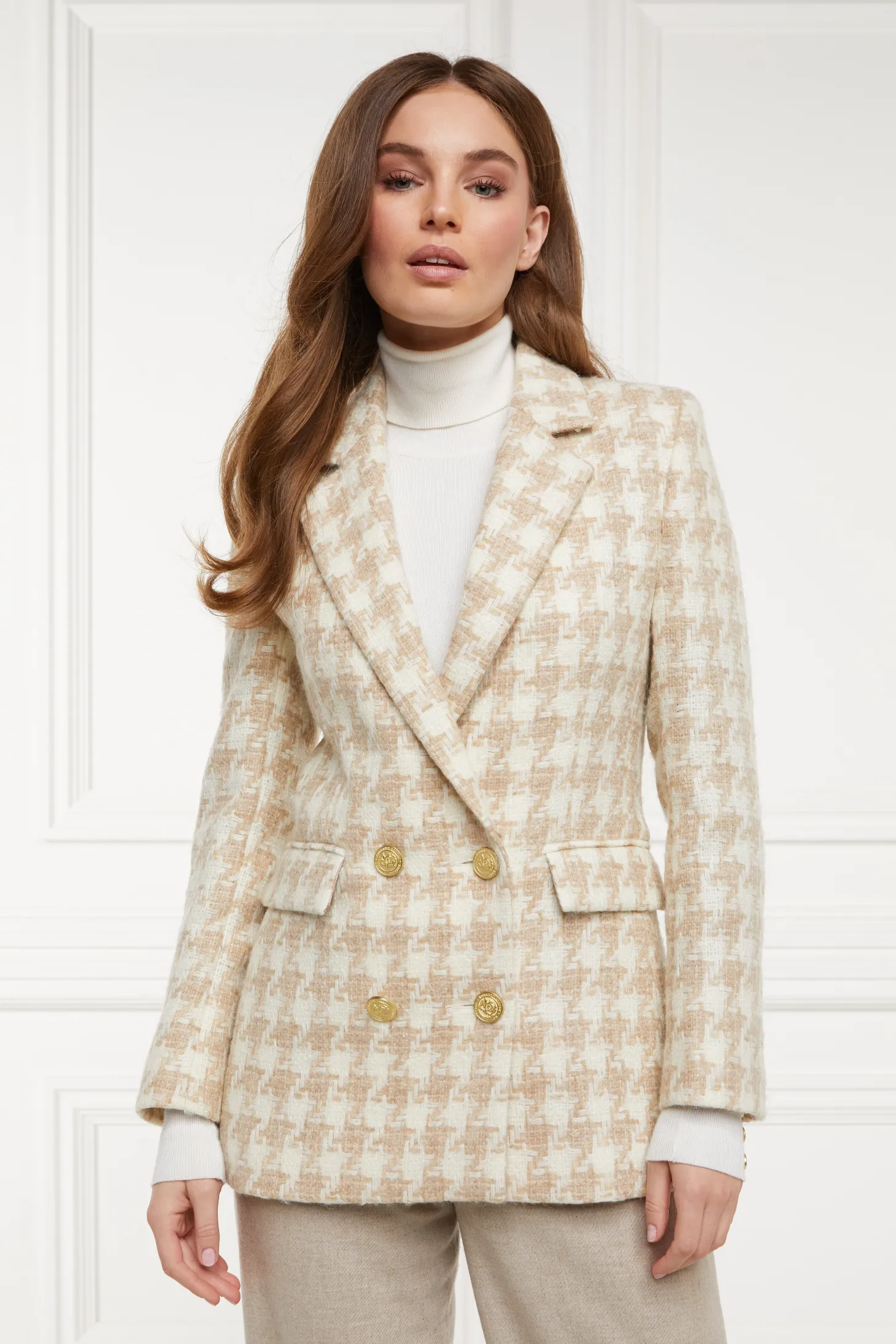 Double Breasted Blazer (Camel Houndstooth)