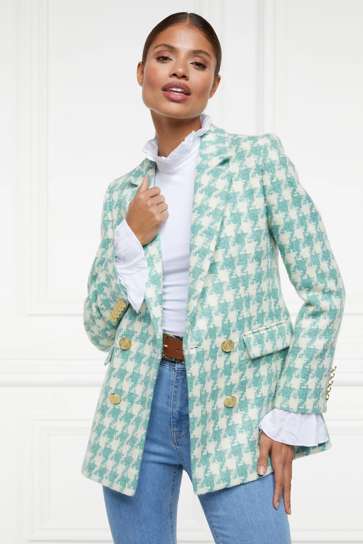 Double Breasted Blazer (Large Scale Teal Houndstooth)