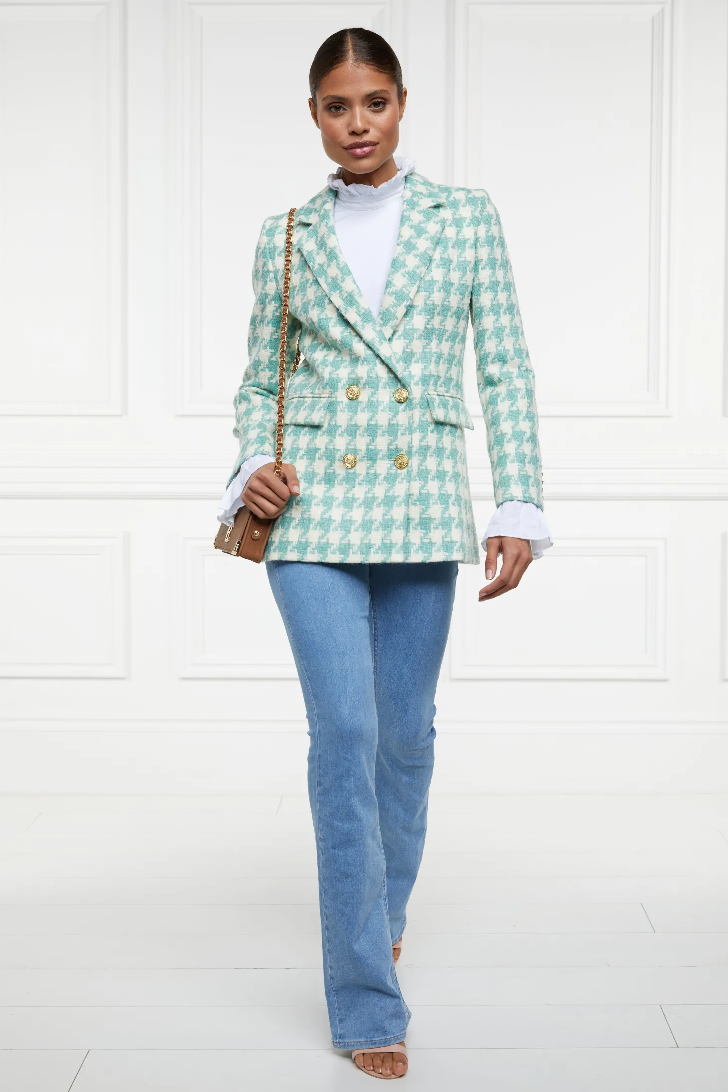 Double Breasted Blazer (Large Scale Teal Houndstooth)
