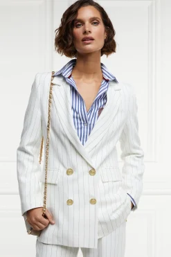 Double Breasted Blazer (Oyster Linen Pinstripe)