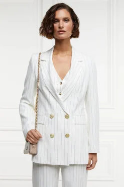 Double Breasted Blazer (Oyster Linen Pinstripe)