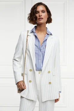 Double Breasted Blazer (Oyster Linen Pinstripe)