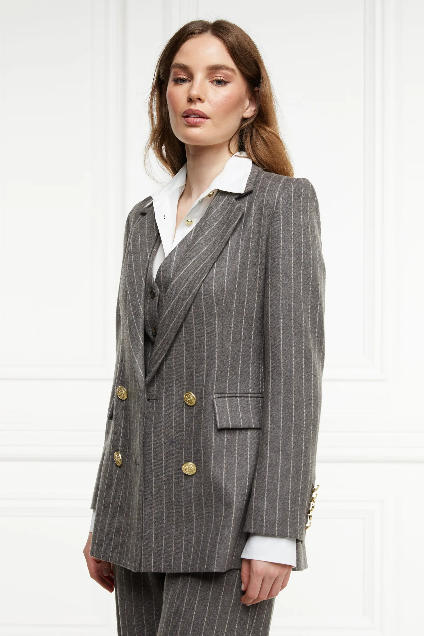 Double Breasted Blazer (Soft Grey Pinstripe)
