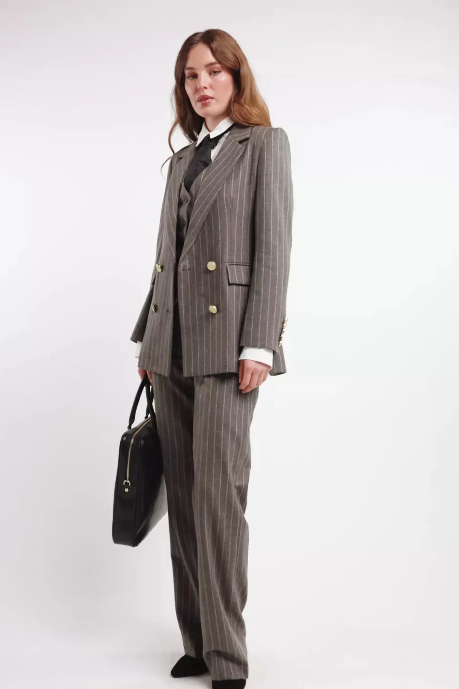 Double Breasted Blazer (Soft Grey Pinstripe)