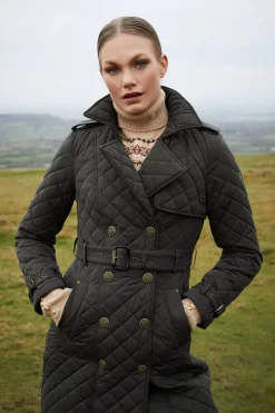 Full Length Enstone Quilted Trench Coat (Dark Olive)