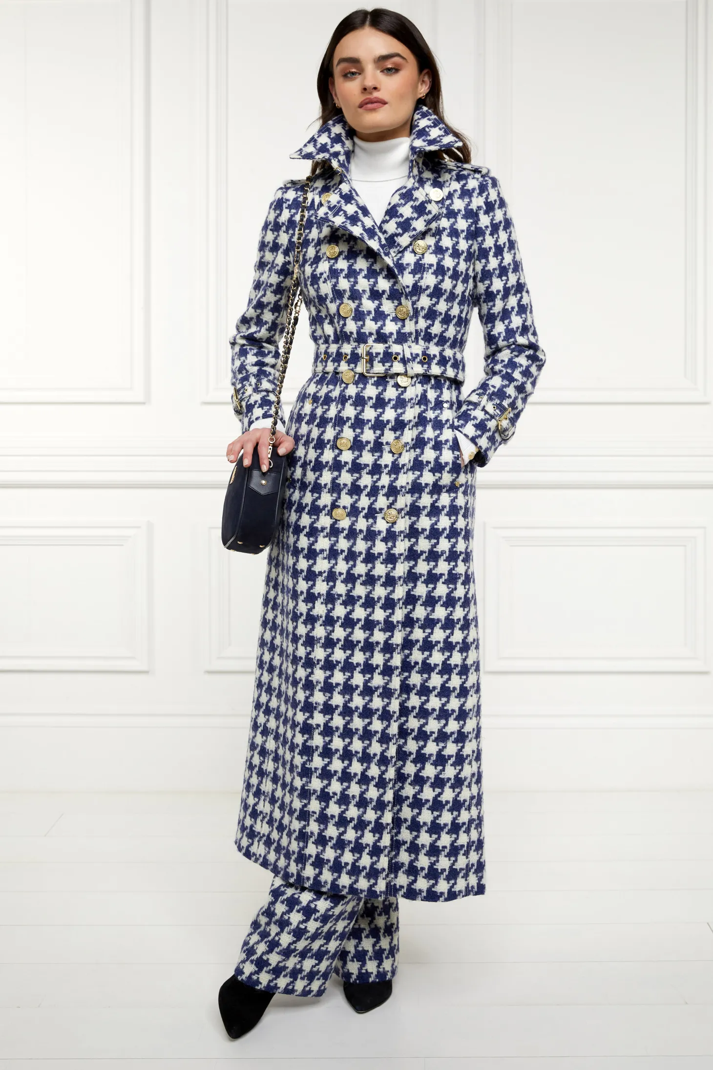 Full Length Marlborough Trench Coat (Large Scale Navy Houndstooth)