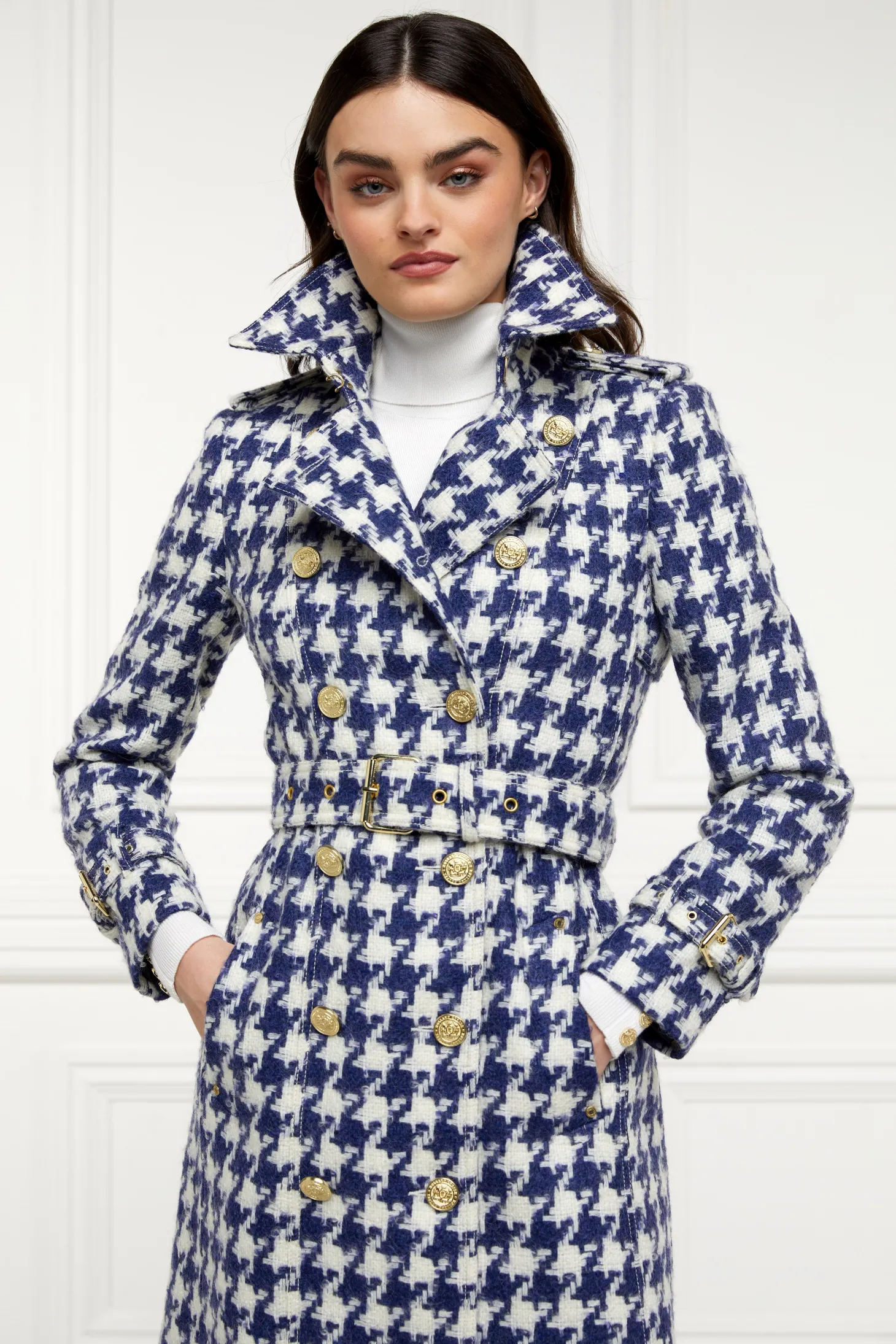 Full Length Marlborough Trench Coat (Large Scale Navy Houndstooth)