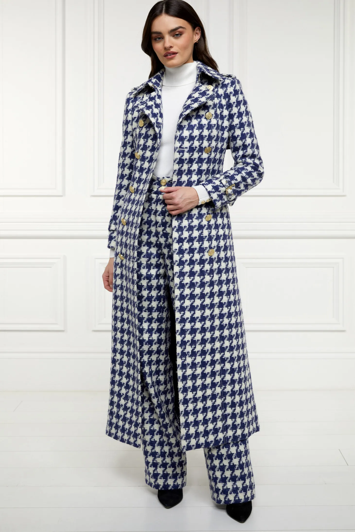 Full Length Marlborough Trench Coat (Large Scale Navy Houndstooth)
