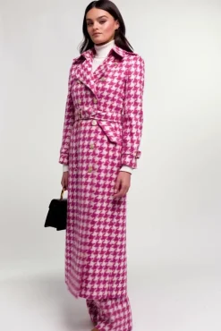 Full Length Marlborough Trench Coat (Hot Pink Large Scale Houndstooth)
