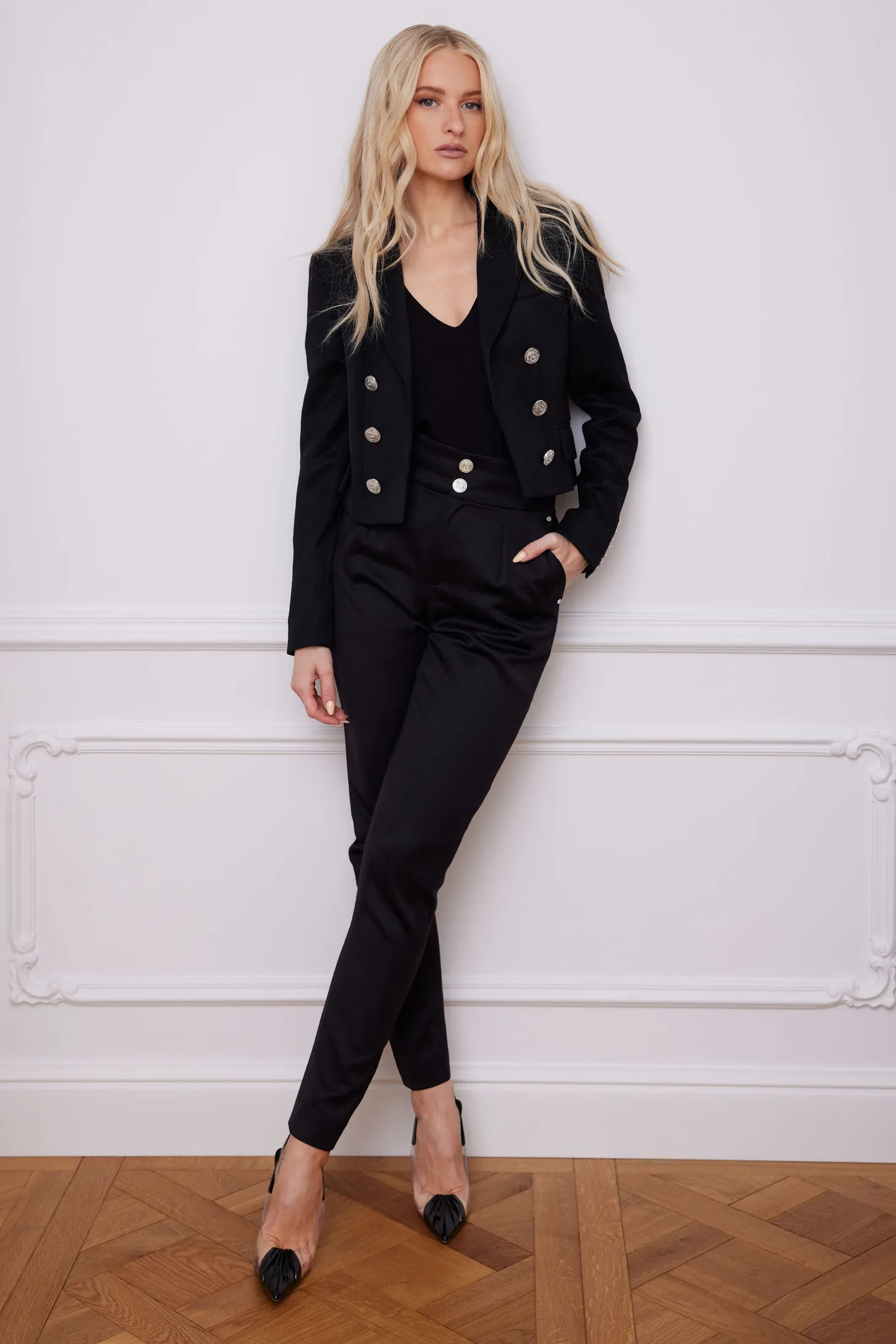 High Waisted Peg Trouser (Black Barathea Silver)
