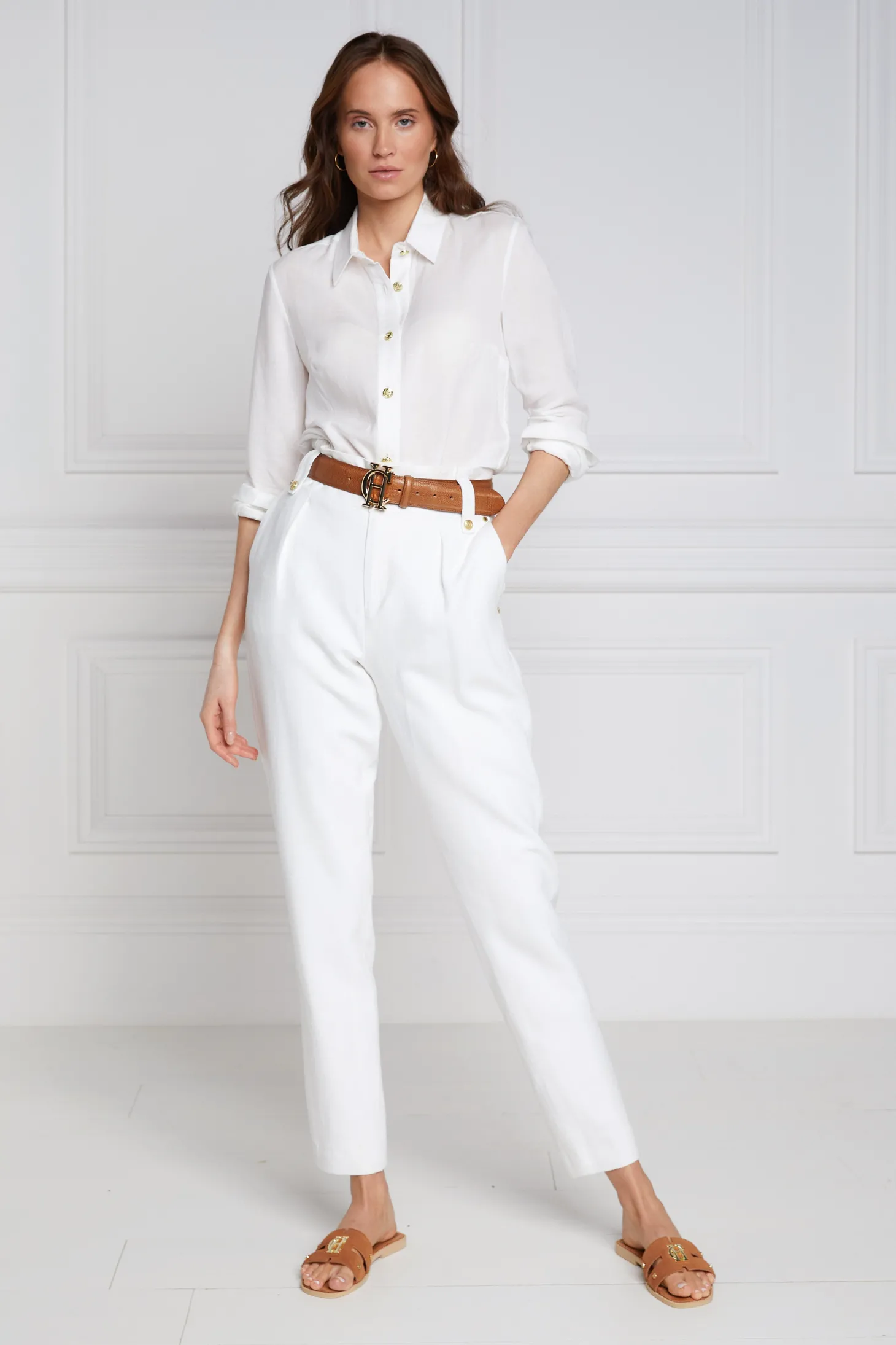 High Waisted Peg Trouser (Oyster Linen)