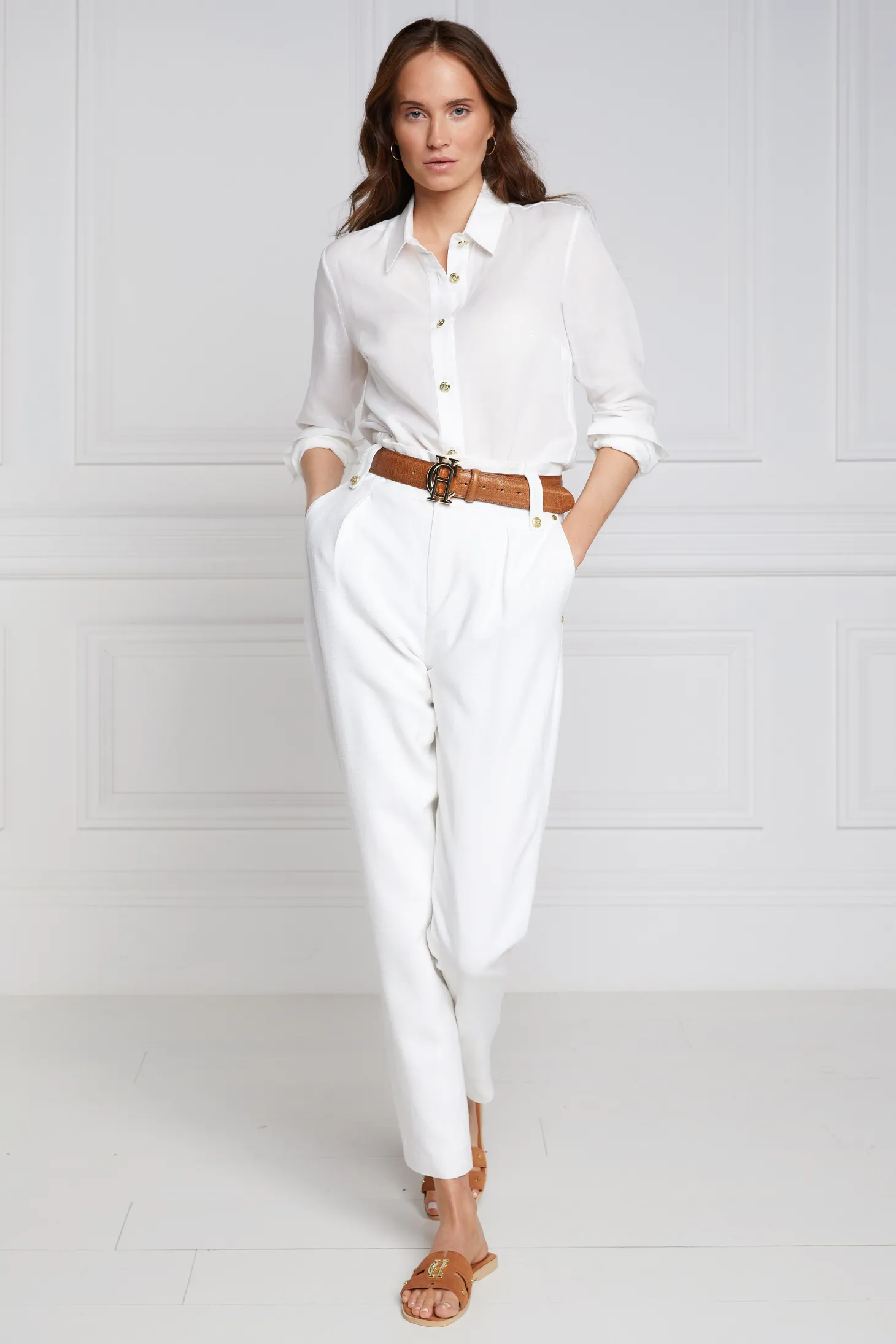High Waisted Peg Trouser (Oyster Linen)