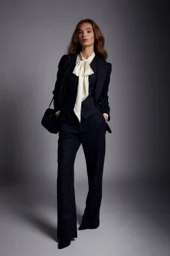 High Waisted Straight Trouser (Navy Chalk Pinstripe)