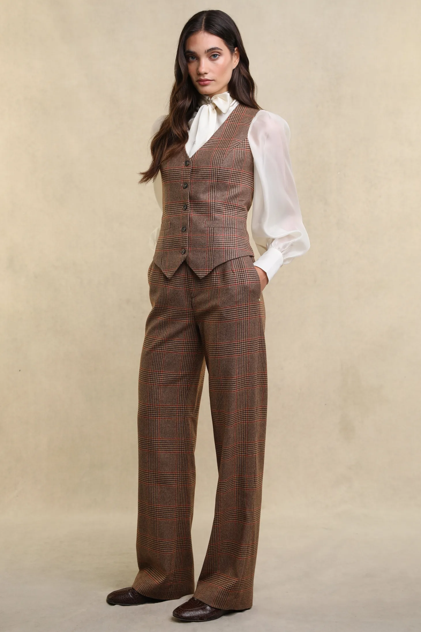 High Waisted Straight Trouser (Clarence Check Merlot)
