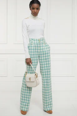 High Waisted Straight Trouser (Large Scale Teal Houndstooth)