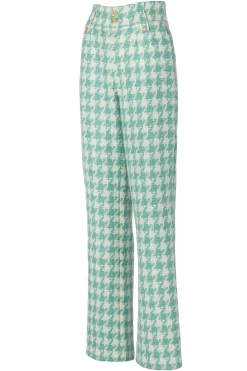 High Waisted Straight Trouser (Large Scale Teal Houndstooth)