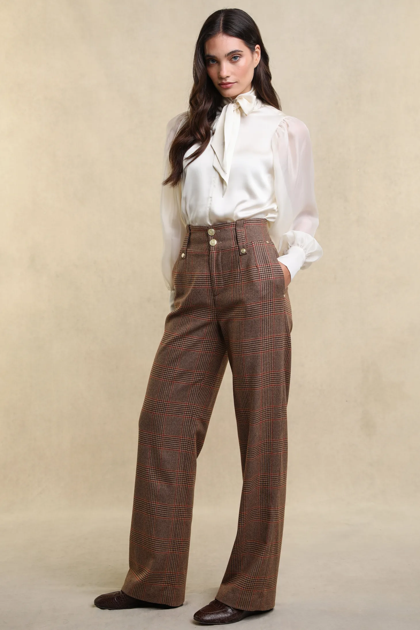 High Waisted Straight Trouser (Clarence Check Merlot)