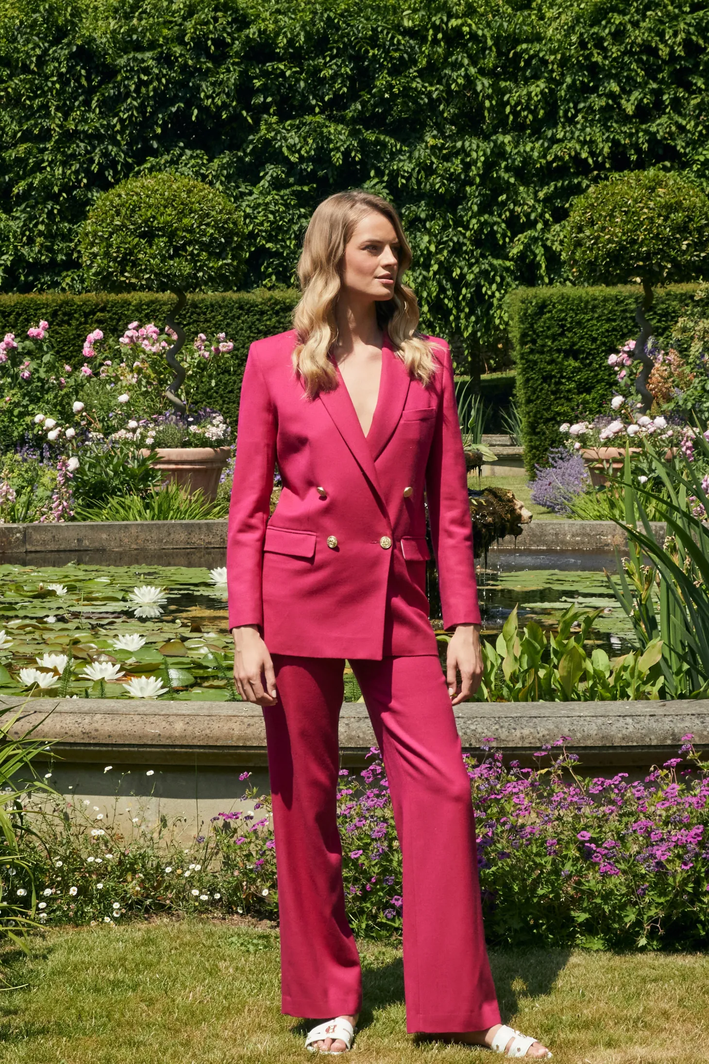 High Waisted Straight Trouser (Hot Pink Barathea)