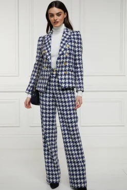 High Waisted Straight Trouser (Large Scale Navy Houndstooth)