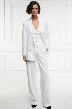 High Waisted Straight Trouser (Oyster Linen Pinstripe)
