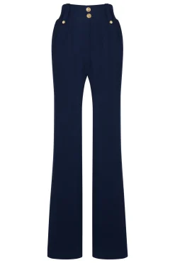 High Waisted Straight Trouser (Navy Linen)