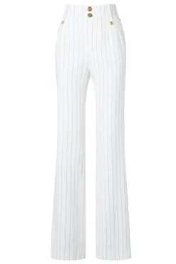 High Waisted Straight Trouser (Oyster Linen Pinstripe)