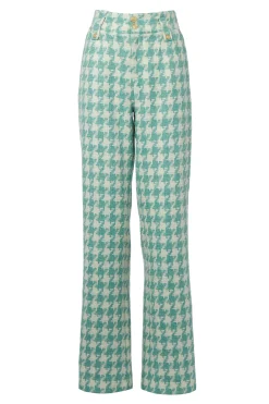 High Waisted Straight Trouser (Large Scale Teal Houndstooth)