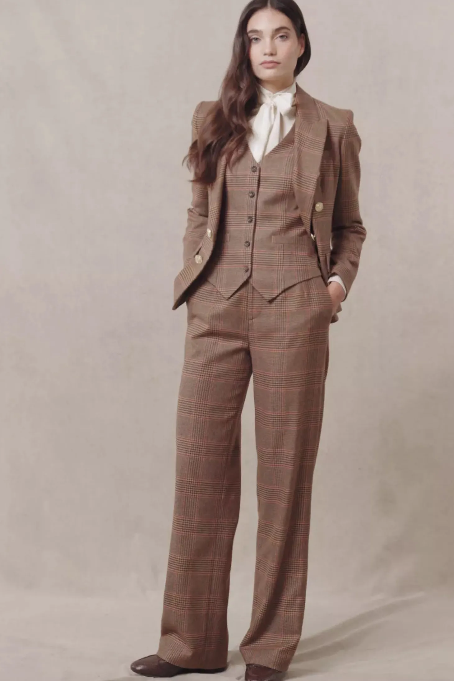 High Waisted Straight Trouser (Clarence Check Merlot)