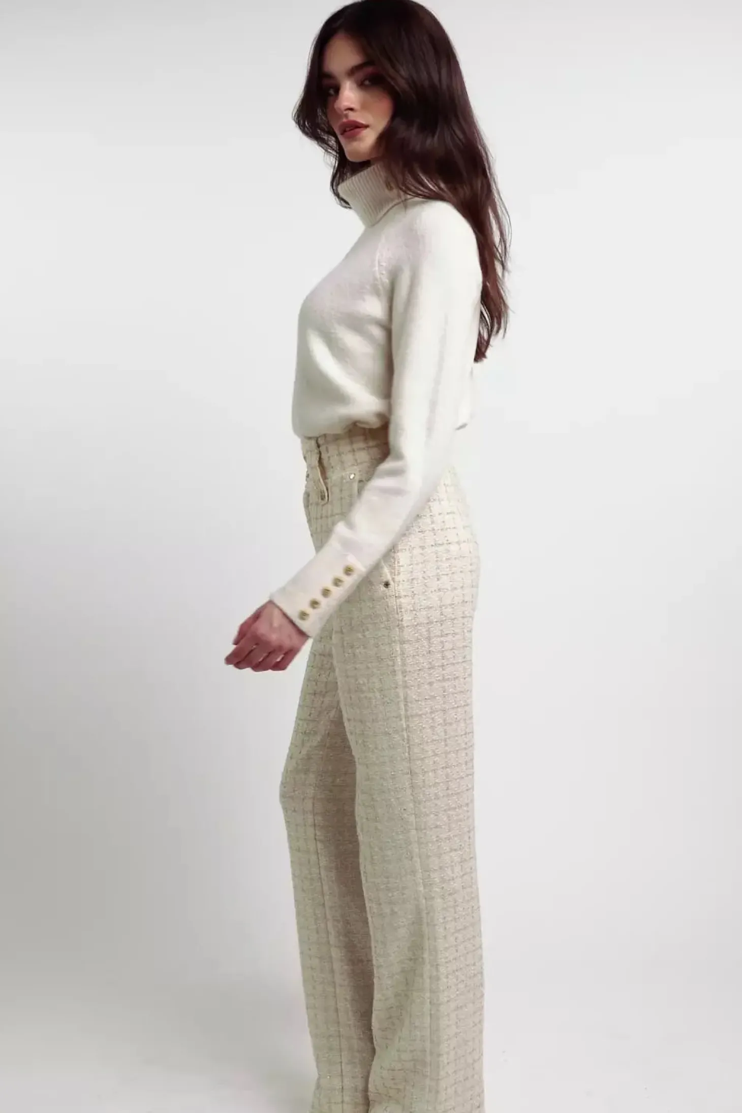 High Waisted Straight Trouser (Ivory Sparkle Tweed)