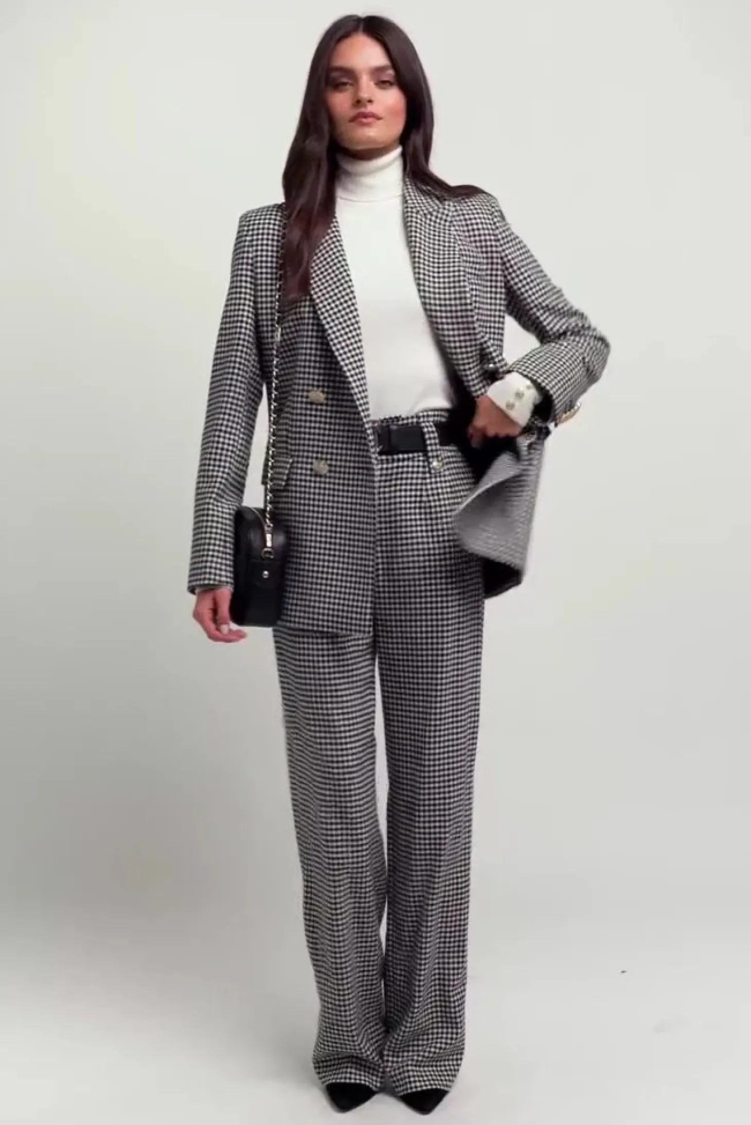 High Waisted Straight Trouser (Black & White Puppy Tooth)