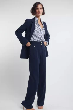 High Waisted Straight Trouser (Navy Linen)
