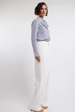 High Waisted Straight Trouser (Oyster Linen Pinstripe)