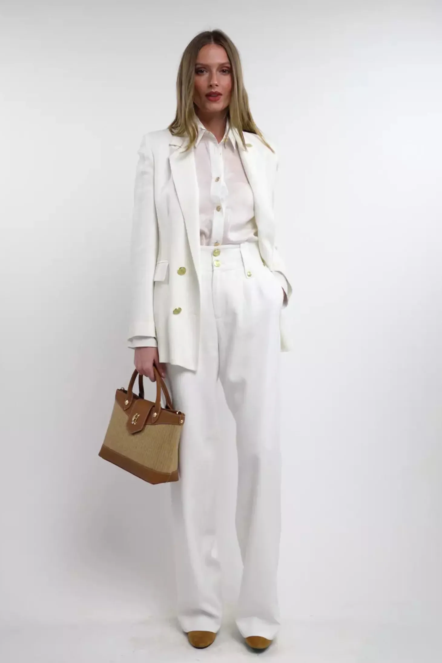 High Waisted Straight Trouser (Oyster Linen)