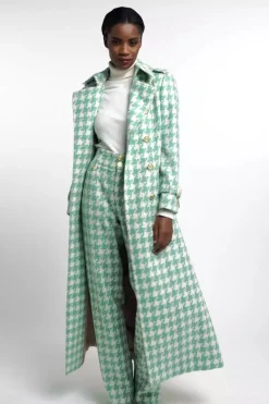 High Waisted Straight Trouser (Large Scale Teal Houndstooth)