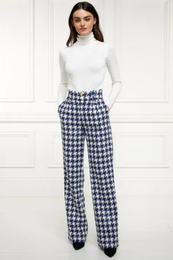 High Waisted Straight Trouser (Large Scale Navy Houndstooth)