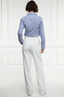 High Waisted Straight Trouser (Oyster Linen Pinstripe)