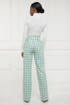 High Waisted Straight Trouser (Large Scale Teal Houndstooth)