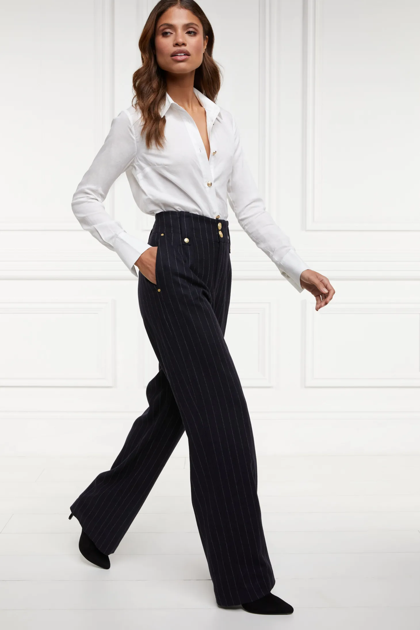 High Waisted Straight Trouser (Navy Chalk Pinstripe)