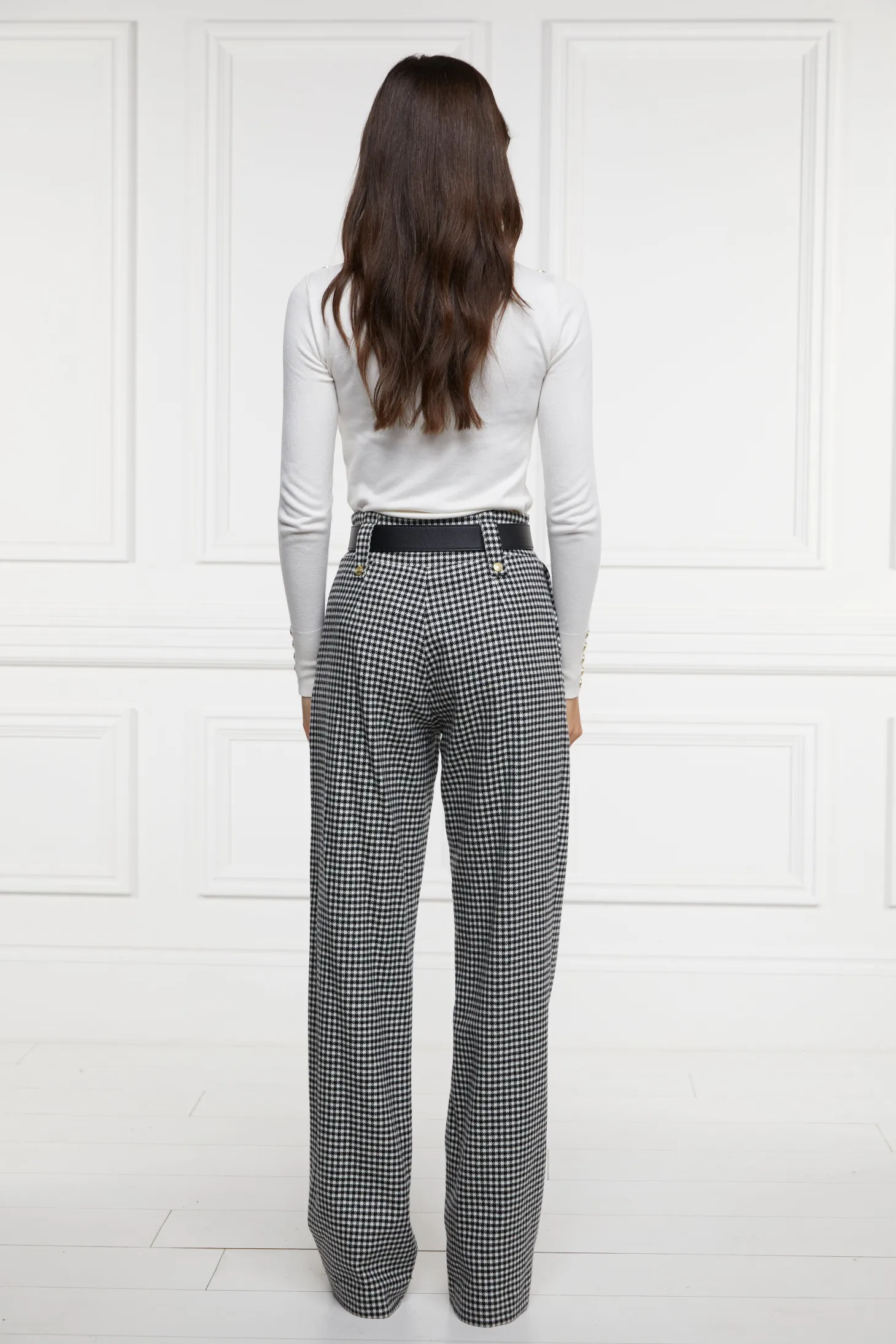High Waisted Straight Trouser (Black & White Puppy Tooth)