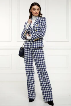 High Waisted Straight Trouser (Large Scale Navy Houndstooth)