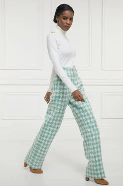 High Waisted Straight Trouser (Large Scale Teal Houndstooth)