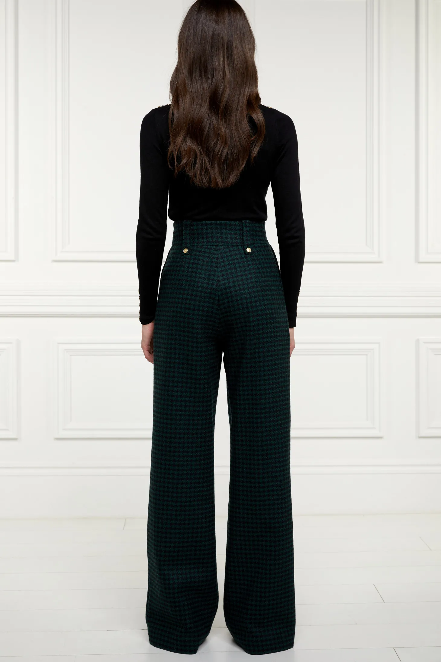 High Waisted Straight Trouser (Emerald Houndstooth)