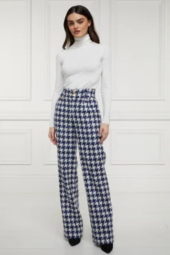High Waisted Straight Trouser (Large Scale Navy Houndstooth)