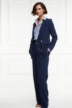 High Waisted Straight Trouser (Navy Linen)