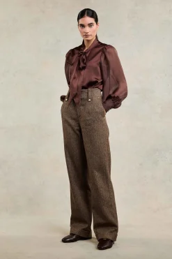 High Waisted Wide Leg Trouser (Large Scale Brown Herringbone)