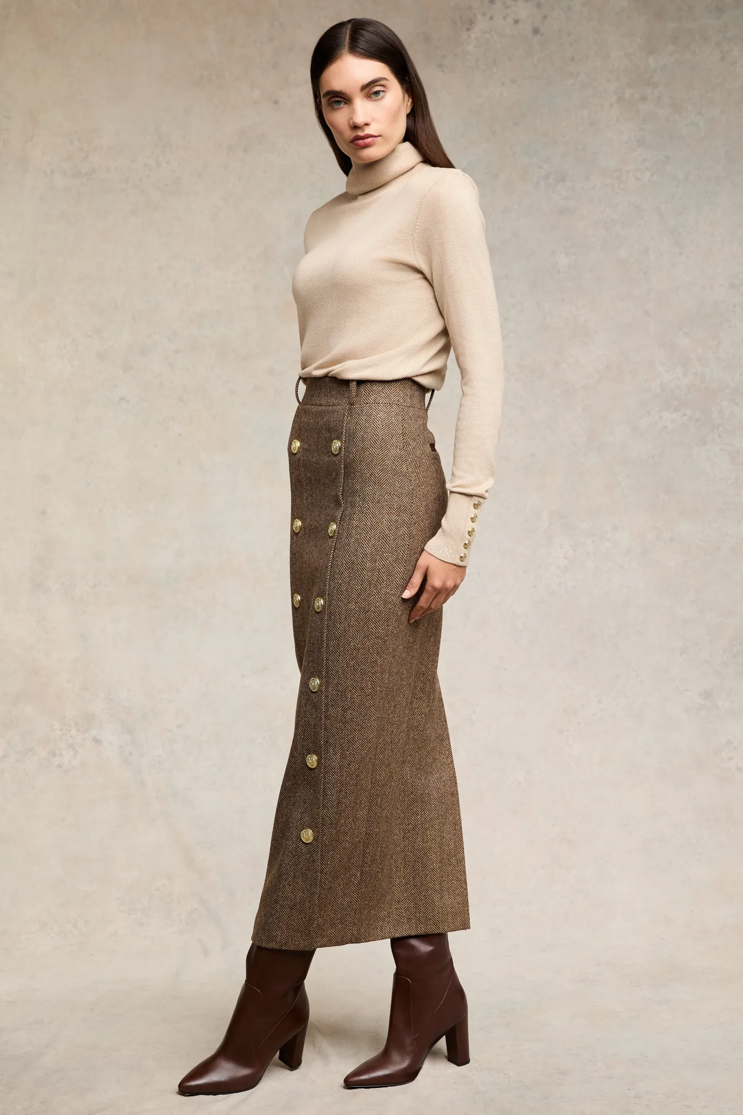 Knightsbridge Maxi Skirt (Large Scale Brown Herringbone)